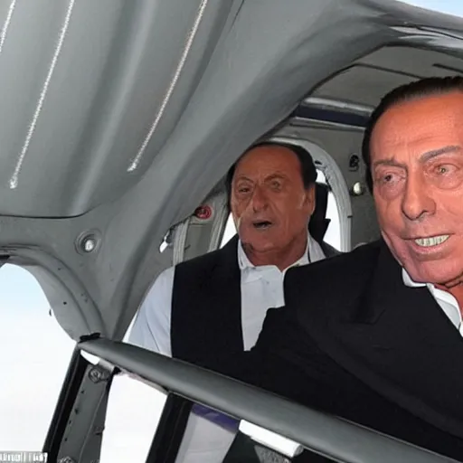Image similar to Silvio Berlusconi Is a gangsta rapper, doing lines on the helicopter and landing at the Piper Disco, with rolex, bling bling and a bandana, and the whole police his guarding his back