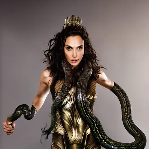 Image similar to Full body photo of the beautiful woman Gal Gadot as Medusa the greek goddess, she has those characteristic snakes coming out of her head, she is looking straight to the camera, she has a glow coming from her, she is getting illuminated for rays of light, behind her is a scary atmosphere, the photo was taking by Annie Leibovitz, matte painting, oil painting, naturalism, 4k, 8k