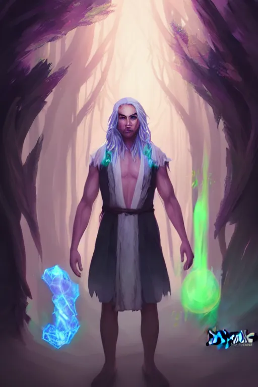 Image similar to a human elemental sorcerer, forest environment background, colorful magic effects, white skin, portrait, male, clothed, sharp focus, digital art, concept art, trending on artstation, dynamic lighting, by emylie boivin and rossdraws