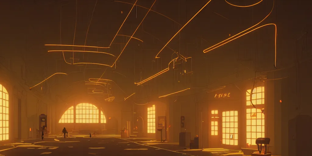 Image similar to arcade interior, lights, by cory loftis, makoto shinkai, hasui kawase, james gilleard, beautiful, serene, peaceful, lonely, golden curve composition