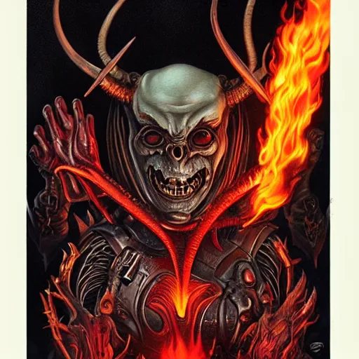 Image similar to doom demon giger portrait of satan, fire and flame, horns, Pixar style, by Tristan Eaton Stanley Artgerm and Tom Bagshaw.