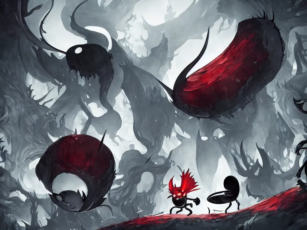 Image similar to cover art for hollow knight. Corrupted. High detail. No text. Red. nightmare king grimm. Sharp. 4K 8K. Detailed shapes.