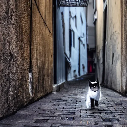 Image similar to robot cat walking in an alley, sharp details, highly complexe nature inspired machinery, close up, 4 k high realistic photography