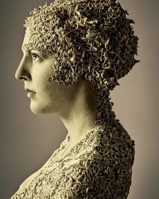 Image similar to a woman's face in profile, made of intricate decorative ivy, in the style of the dutch masters and gregory crewdson, dark and moody