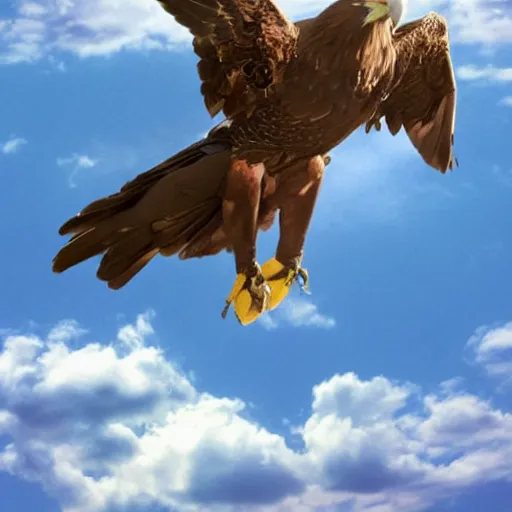 Image similar to alec baldwin on a giant eagle flying high in a sky, photo