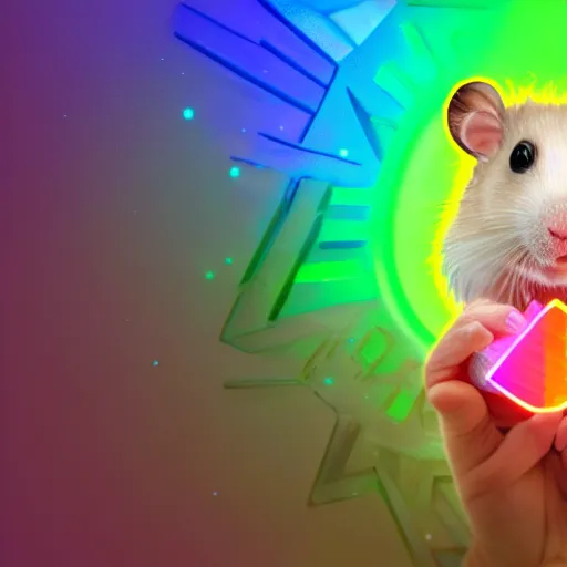 Image similar to hamster! holding rainbow! gem! crystal in a cyberpunk city, neon lights, light reflection, logo, 8 k, hd