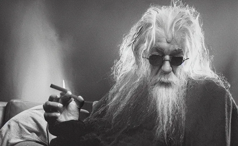 Image similar to a smartphone picture of stoned gandalf smoking a joint sitting on a couch in a night club,