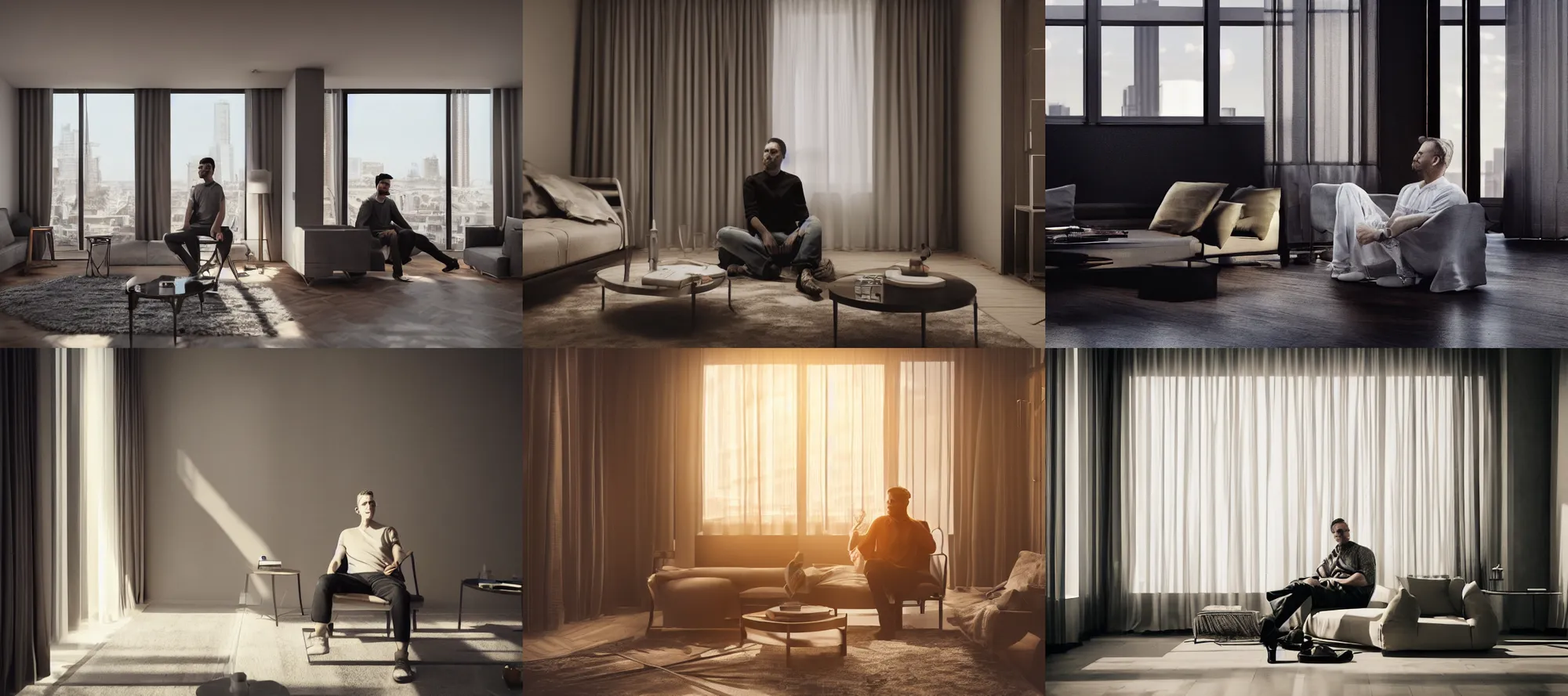 Prompt: render of a man sitting in a lavish apartment, film grain, vignette, backlight, sunlight, cinematic lighting, global illumination, ray tracing reflections, 4 k, cgsociety