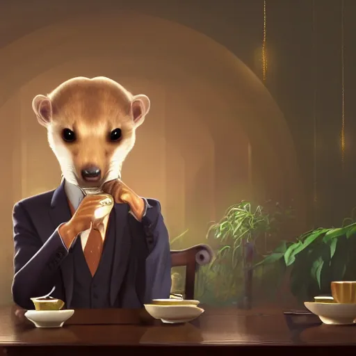 Prompt: a weasel in a suit was drinking tea, surrounded by tea houses ambient lighting, 4 k, russ mill, artstation