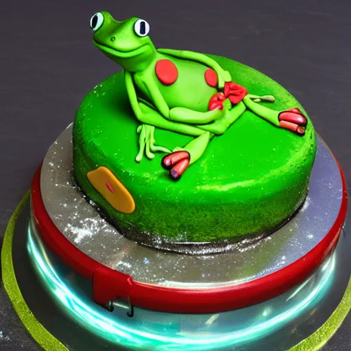 Image similar to frog cake smashed on a highway with cars driving by, long exposition, night