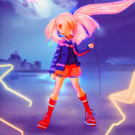 Prompt: Splash art Anime loli, blond hair with pigtails, blue coat and black shorts, she flies by using blue neon powers through the city. Cinematic sunset, faint orange light. Amazing piece Trending on Artstation