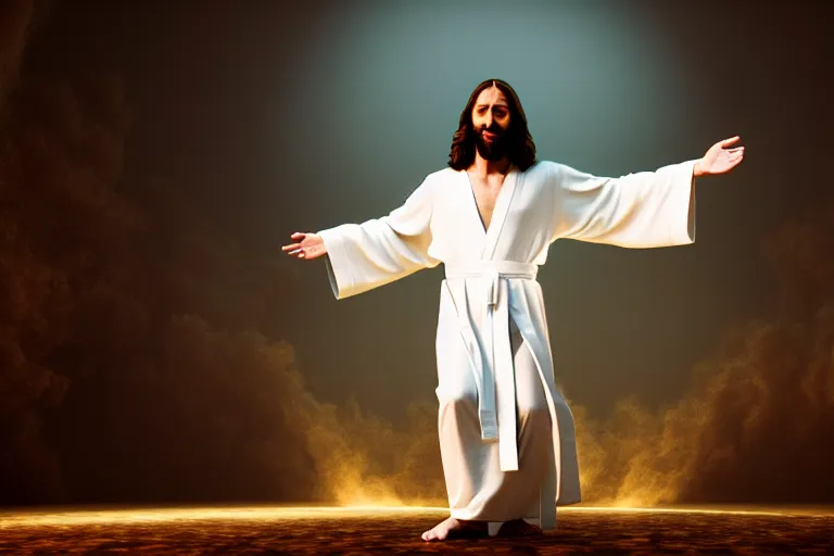 Prompt: jesus christ wearing a white robe strikes a dance pose as the world burns around him, intricate, hyper detailed, accent lighting, dramatic light, 4 k octane render ; renaissance painting