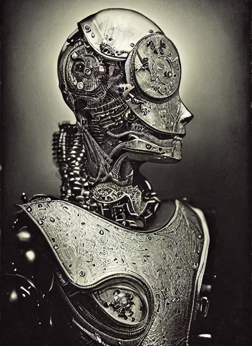 Prompt: old wetplate daguerreotype portrait of a futuristic silver armored headless marie antoinette cyborg, fractal, intricate, elegant, highly detailed, parallax, leica, medium format, subsurface scattering, by jheronimus bosch and greg rutkowski and louis jacques mande daguerre