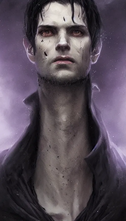 Prompt: Portrait of an tall man in a black cloak, glowing purple eyes and silver black hair, male, detailed face, fantasy, highly detailed, cinematic lighting, digital art painting by greg rutkowski