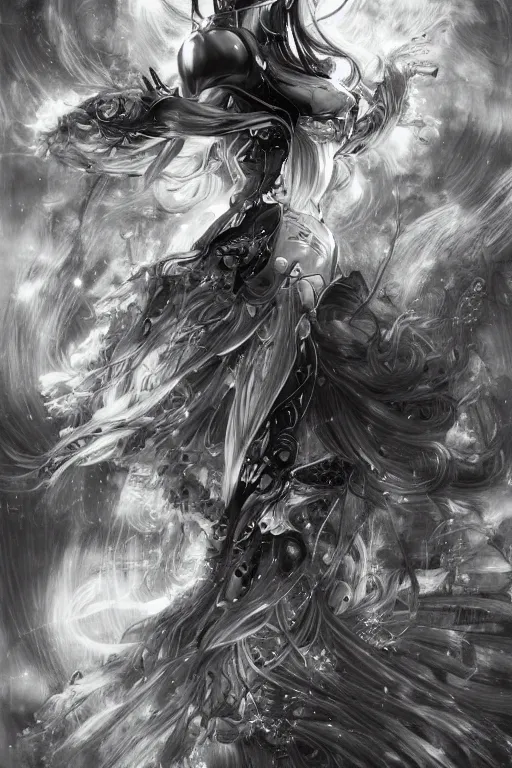 Image similar to a vertical portrait of a character in a scenic environment by Yoshitaka Amano, black and white, dreamy, cybernetic suit, wavy long black hair, highly detailed