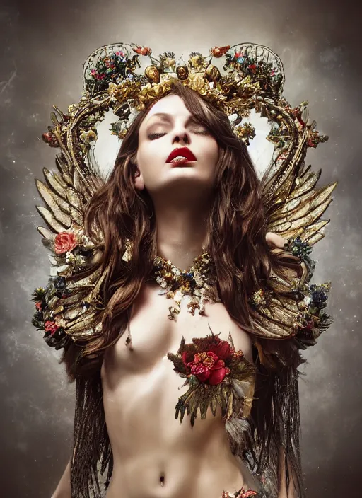 Image similar to expressive full body photo of a female model as beautiful angel, ornate headpiece made from flowers, ornaments, glamour shot, by karol bak, by stefan gesell, octane render, unreal engine, photorealistic, canon r 3, fashion photography, studio shot, environmental portrait, dark fantasy, dark beauty, magazine