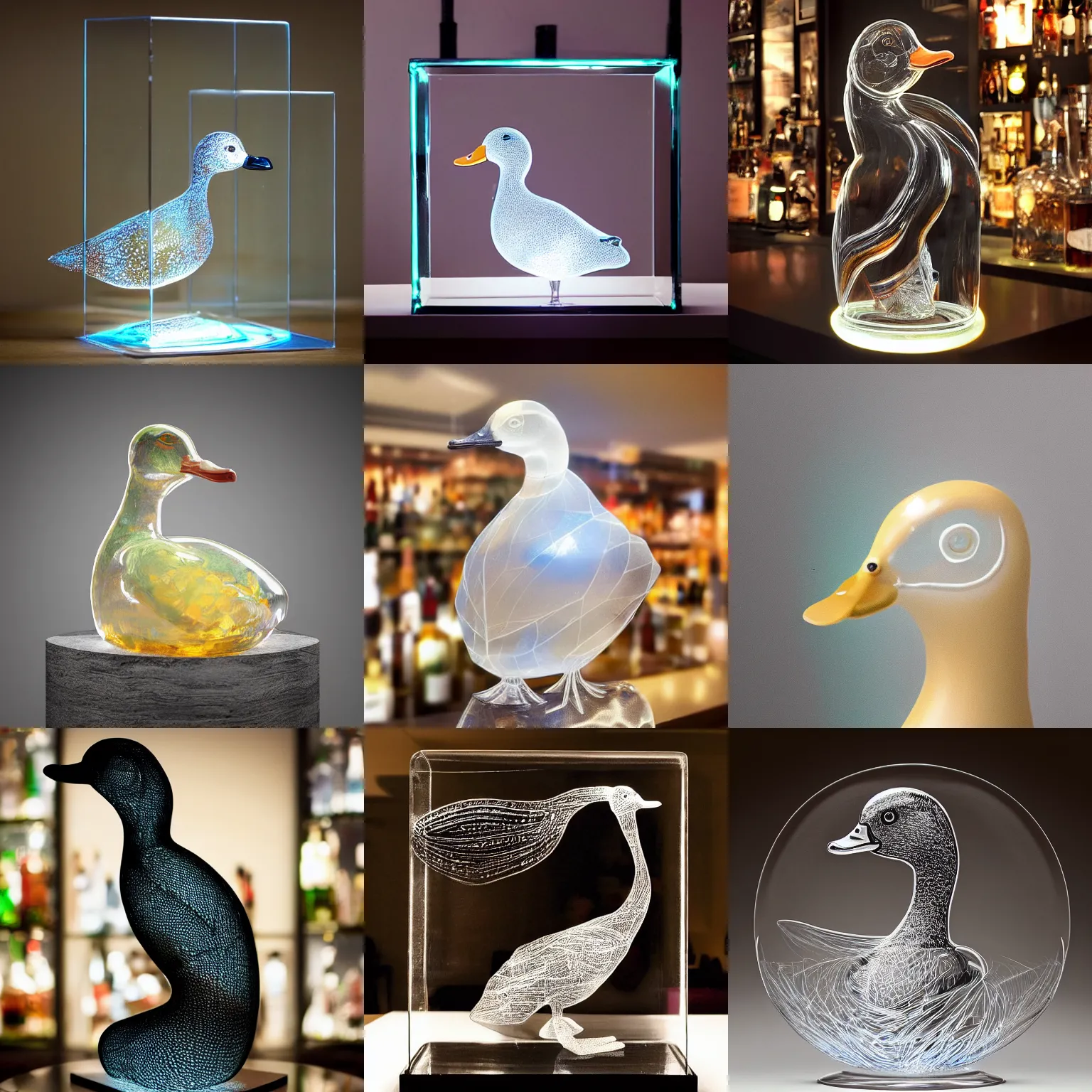 Prompt: portrait of a transparent sculpture of a duck made out of glass in a busy bar, fantasy, trending on artstation