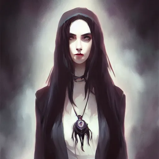 Image similar to female human vampire witch in the style of greg rutkowski, makoto shinkai, trending on artstation, character design, concept art, pretty face, highly detailed, long black hair, portrait, digital art