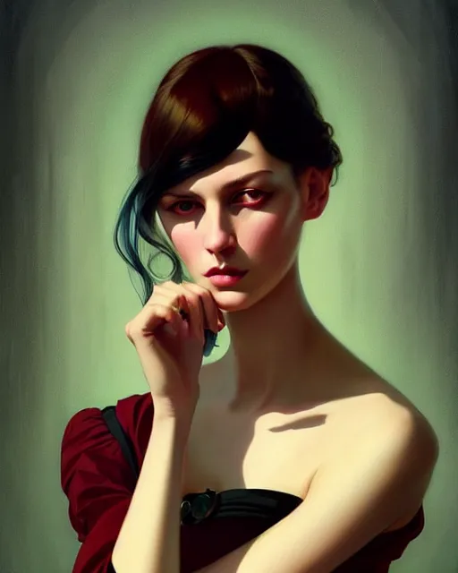 Image similar to stylized portrait by aykutmakut of an artistic pose, composition, young victorian sad fancy lady, surrounded by dobermans, cinematic moody colors, realistic shaded, fine details, realistic shaded lighting poster by ilya kuvshinov, magali villeneuve, artgerm, jeremy lipkin and michael garmash and rob rey
