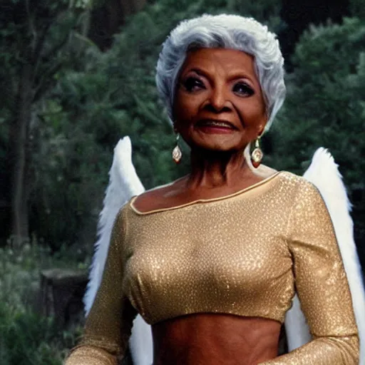 Image similar to nichelle nichols as a heavenly angel in cloud heaven photorealistic fantasy epic