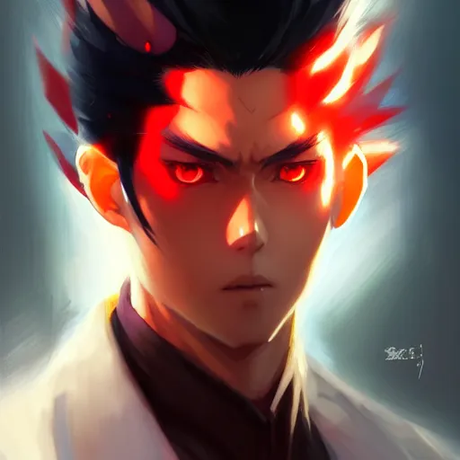 Image similar to anime portrait of a slick black hair guy with red eyes by stanley artgerm lau, wlop, rossdraws, james jean, andrei riabovitchev, marc simonetti, and sakimichan, trending on artstation