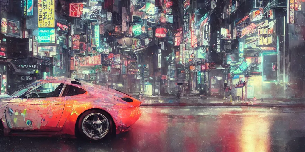 Prompt: tokyo porche 9 1 1 origami neon signs raining, cyberpunk, hyperrealistic, highly detailed, art station greg rutkowski