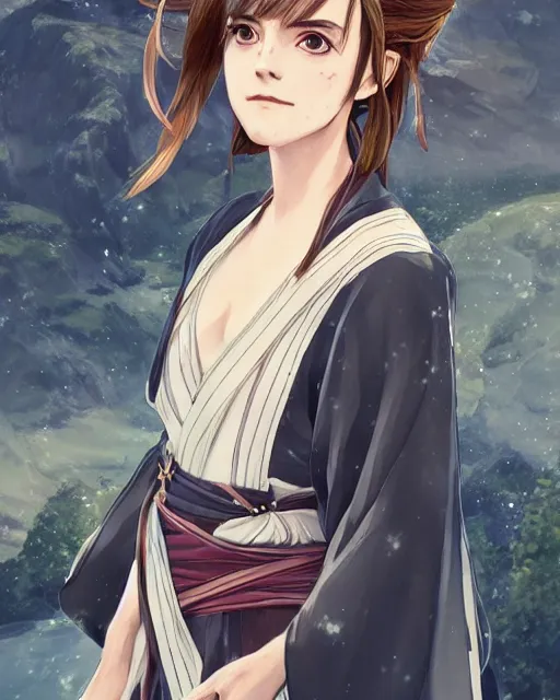 Image similar to An anime portrait of Emma Watson as a beautiful woman wearing a kimono from Skyrim, by Stanley Artgerm Lau, WLOP, Rossdraws, James Jean, Andrei Riabovitchev, Marc Simonetti, and Sakimichan, trending on artstation