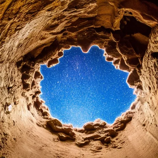 Image similar to a hole on ceiling cave, stars visible through hole
