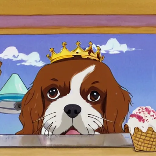 Image similar to king charles spaniel serving ice cream, ice cream store, by studio ghibli