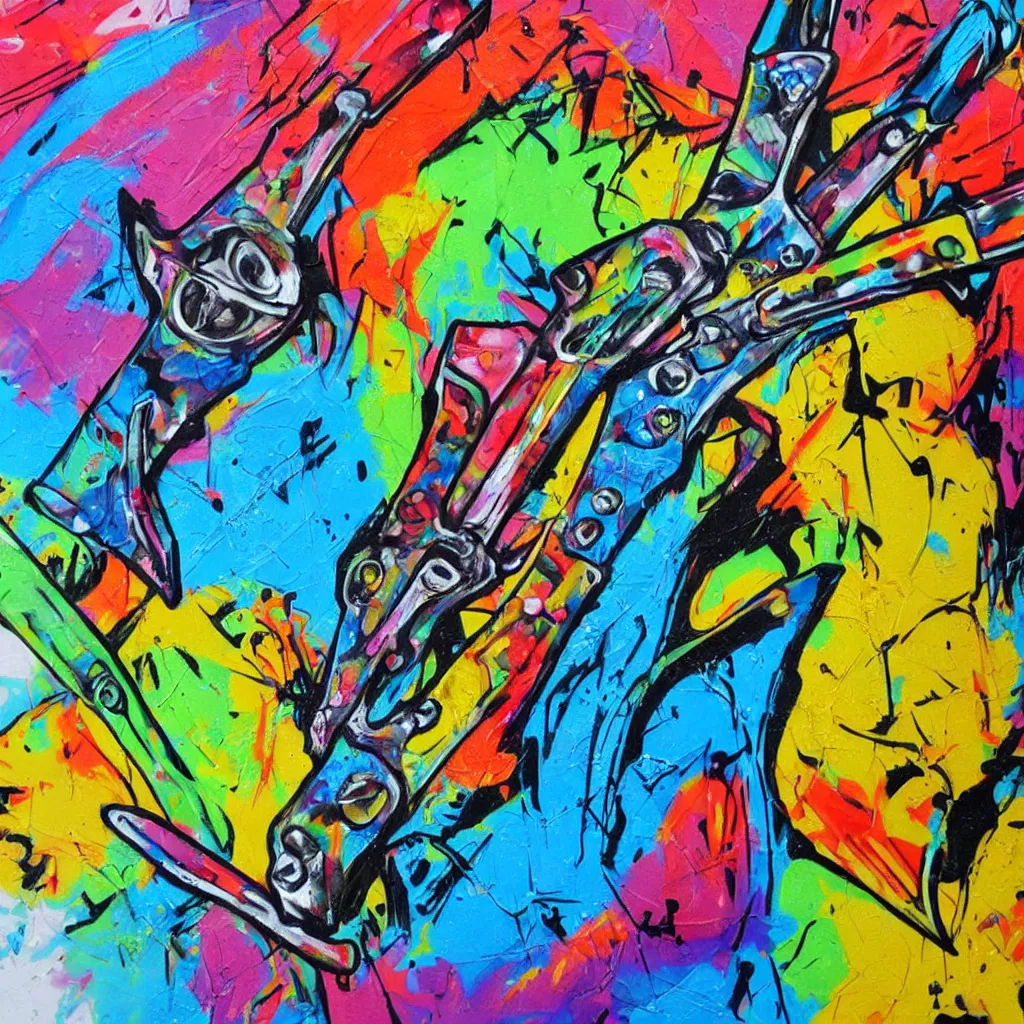 Prompt: a detailed high quality graffiti painting of a butterfly knife, colorful.