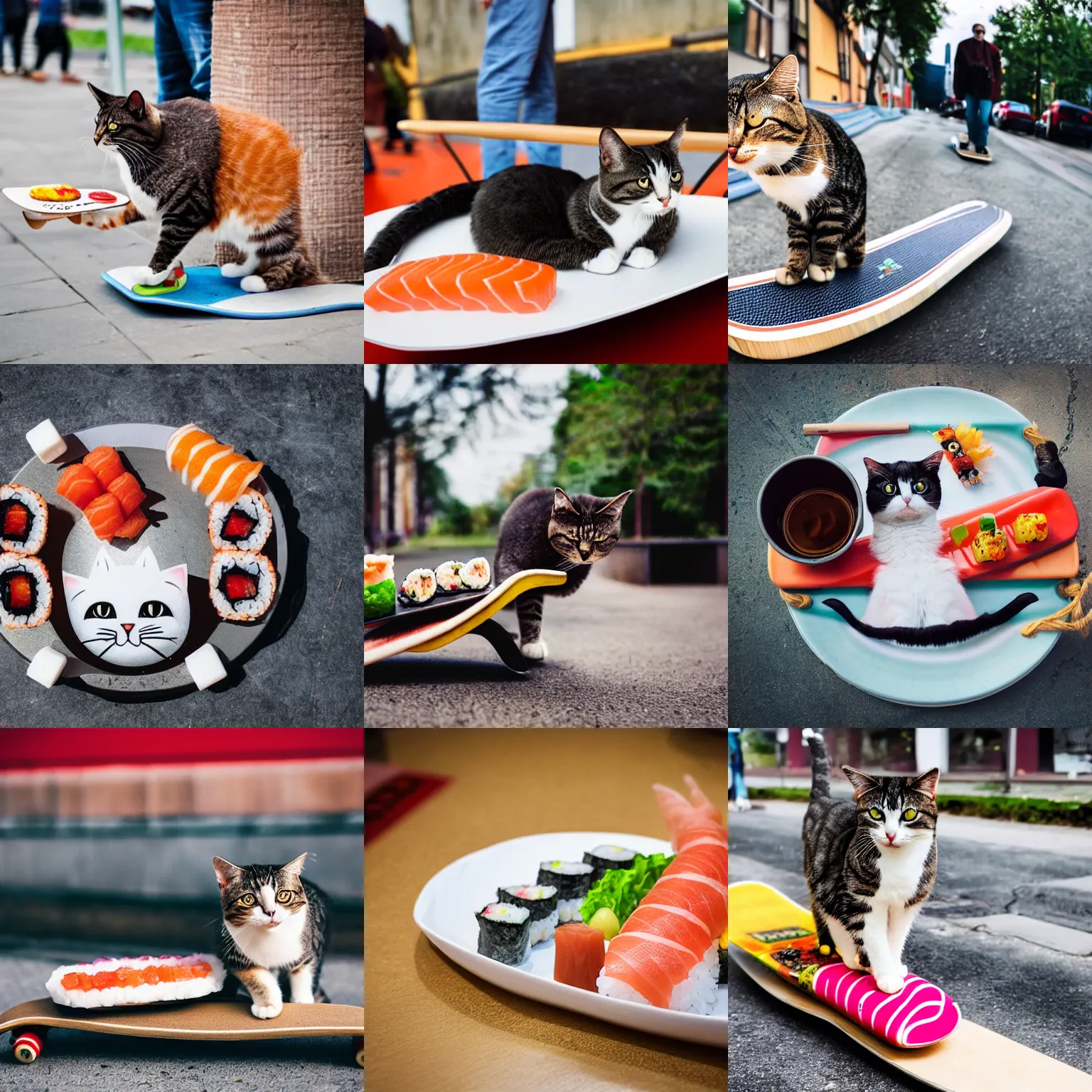 Prompt: happy cat standing on a skateboard, plate with sushi on skateboard, in legnica, documentary photograph