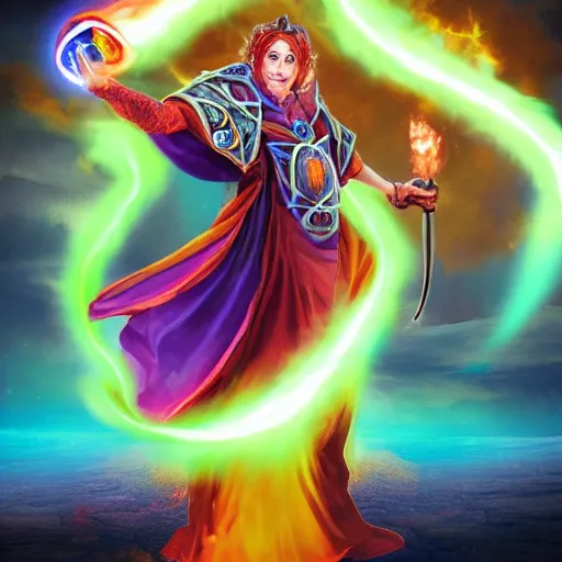 Prompt: Supreme archmage holding a fireball with wisps of color in an action pose and flowing robe.