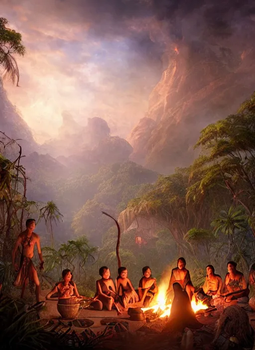 Prompt: a beautiful matte painting of an indigenous tribe around a fire in the jungle, fantasy art, epic lighting, beautiful composition, matte painting, highly detailed