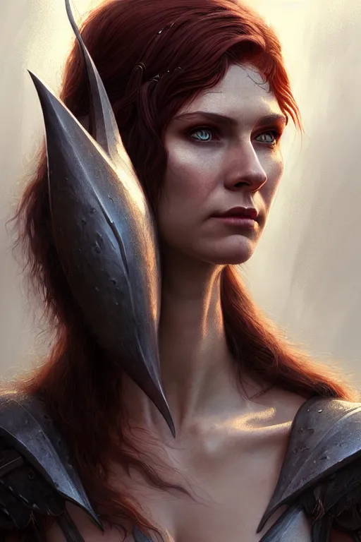 Prompt: portrait of a pagan berserk elven woman with a warpaint, undercut haircut, medium shot, portrait, concept art, natural lighting, illustration, full color, highly detailed, photorealistic, by greg rutkowski and artgerm, artstation,