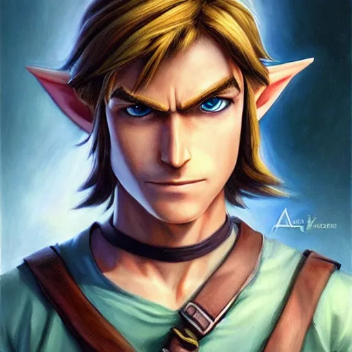 Image similar to An ultra-realistic portrait painting of Link from The Legend of Zelda in the style of Alex Ross. 4K. Ultra-realistic. Highly detailed. Epic lighting.