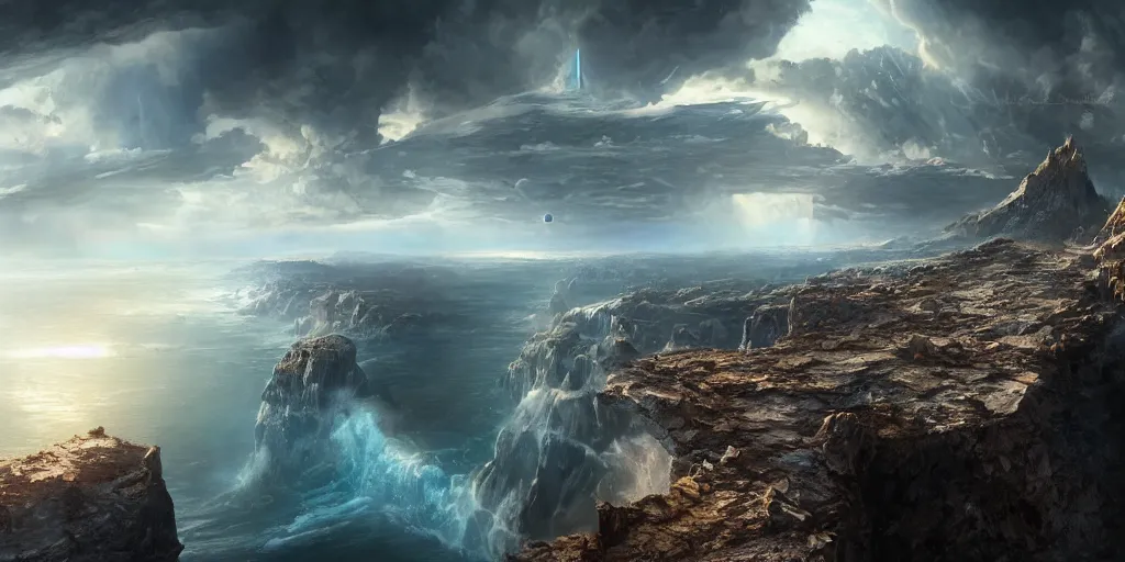 Image similar to the edge of the world ends with a cliff to space, High fantasy, Cinematic Matte Painting, Insanely Detailed, Award Winning, Trending on Artstation, 8k, UHD