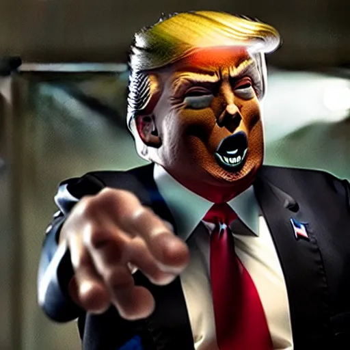 Image similar to donald trump as zombie in the walking dead. movie still. cinematic lighting