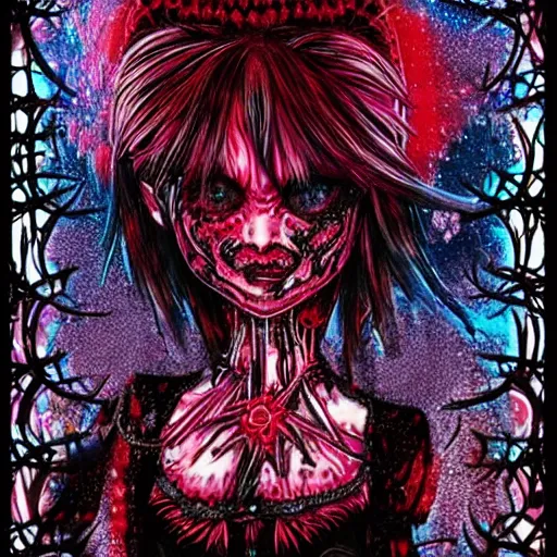 Image similar to spiked korean bloodmoon sigil stars draincore, gothic demon hellfire hexed witchcore aesthetic, dark vhs gothic hearts, neon glyphs spiked with red maroon glitter breakcore art by guro manga artist Shintaro Kago | baroque bedazzled gothic royalty frames surrounding a pixelsort emo demonic horrorcore japanese yokai doll, low quality sharpened graphics, remastered chromatic aberration