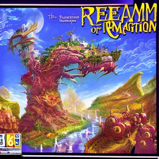 Prompt: The realm of imagination, computer game cover art 1990s