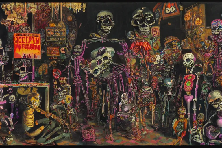 Image similar to scene from amusement arcade, day of the dead, cyber skeletons, queen in black silk in the center, neon painting by otto dix