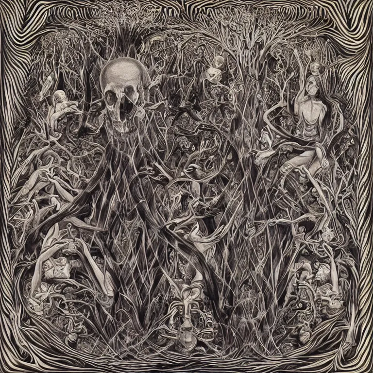 Image similar to meditation on death by Alex Grey and M. C. Escher collaboration