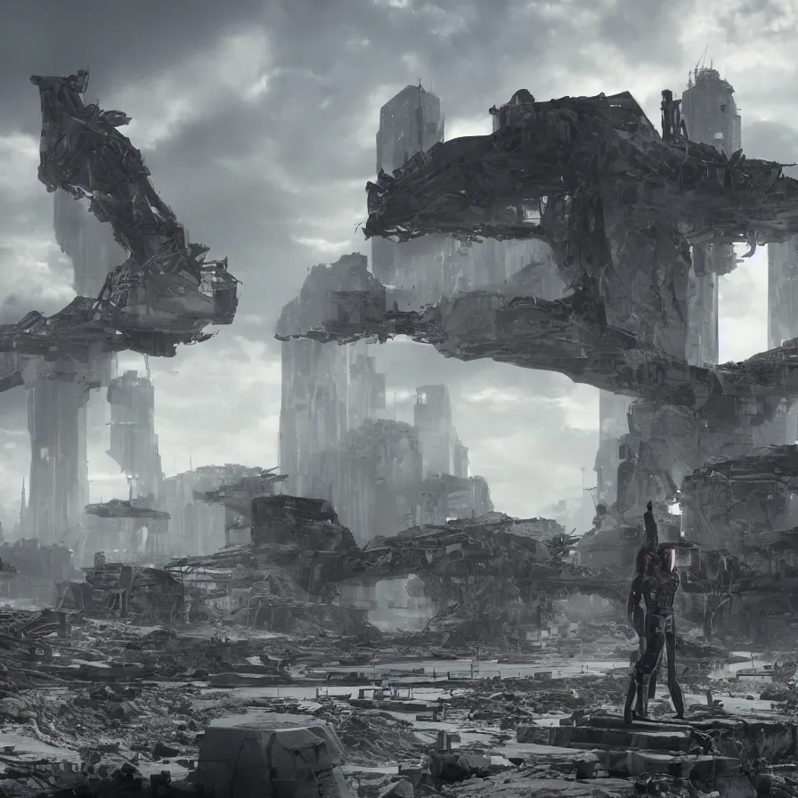 Prompt: 8 k hyperrealistic cinematic shot starset band in epic sci fi uniforms, standing in the streets, examining ruins, in an apocalyptic ruined distopian future city in an epic cinematic shot, brutalist buildings tower over with red haze, performing a music video, hyper ultra detailed, stunning realism, real scale