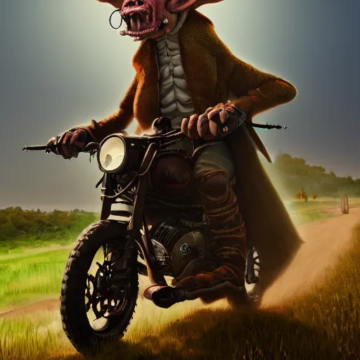 Prompt: a goblin wearing high riding boots riding a steampunk motorcycle on a dirt road in a meadow in mid day, volumetric light, soft ligthing, soft shadows, hyperdetailed, artstation, cgsociety, 8k