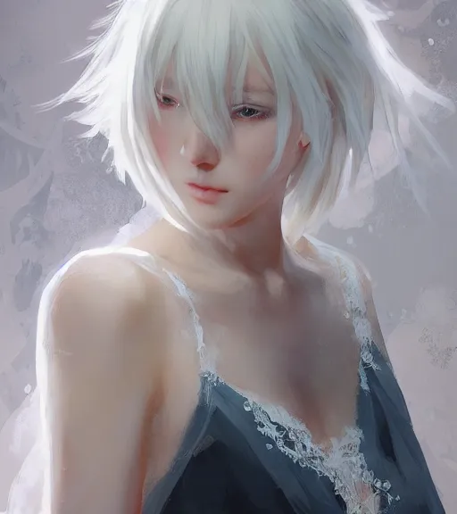 Image similar to Portrait of a white haired anime girl wearing a wet white lace nightgown, intricate, highly detailed, smooth, close-up, artstation, digital illustration by Ruan Jia