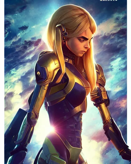 Prompt: Symmetric movie poster of Cara delevingne as Samus Aran , Epic Fantasy cover art, ultra wide lens shot,cinematic lighting, beautiful,art by Artgerm and Greg Rutkowski and Alphonse Mucha