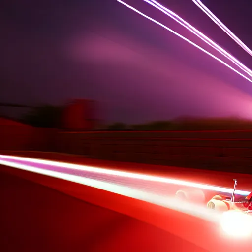 Image similar to young go - kart racer taking a corner at speed on a race track, motion blur lights, laser, smoke, debris, fast movement, light streaks, dark mood, night time