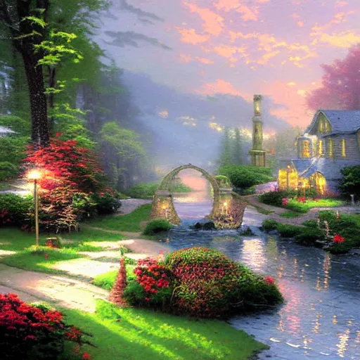 Prompt: a painting by thomas kinkade