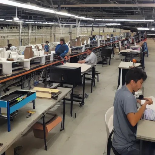 Prompt: lots of young workers slaving in the short factory in drupal