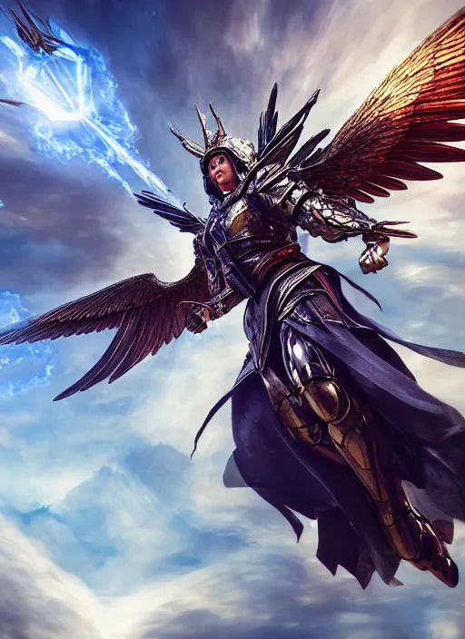 Image similar to archangel micheal flying in sky by huang guangjian, taekwon kim rostbite 3 engine, cryengine, dof, trending on artstation, digital art, chanel, dior, fantasy and detailed and intricate background