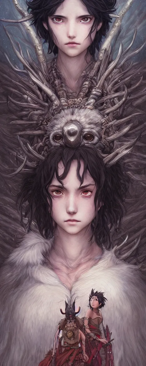 Image similar to emotional and moody princess mononoke full body portrait, dark fantasy studio ghibli , closeup, D&D, fantasy, intricate, elegant, highly detailed, digital painting, artstation, concept art, matte, sharp focus, illustration, art by Artgerm and Ayami Kojima and Tom Bagshaw and Greg Rutkowski and Alphonse Mucha